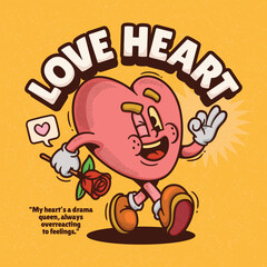 Love Heart Trendy Retro Cartoon Vector Hand Drawn