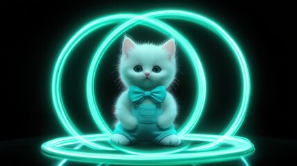 A small white kitty wearing a sky-blue bow and matching overalls sits gracefully at the center of intersecting glowing arcs in bright turquoise. 
