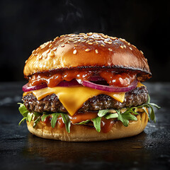 Realistic Hamburger with Beef Patty, Cheddar, Lettuce, Tomato, Onion, BBQ Sauce, Pickles, and Fried Onions