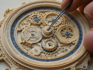 Obraz premium A close-up of intricate watch gears being assembled with precision tools.