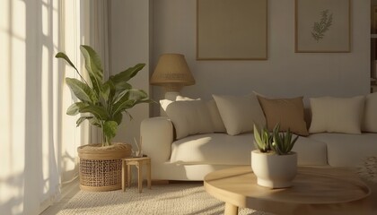 Fototapeta premium Serene Minimalist Living Room Decor: Sunlit Interior with Neutral Tones and Lush Greenery