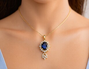 A gold necklace with a blue gemstone pendant and a diamond-encrusted design hangs around a woman's neck.