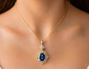 A close-up of a gold necklace with a blue gemstone pendant.