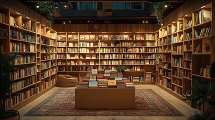 Obraz premium A lightweight cardboard stand with modular shelves, presenting books in a contemporary bookstore with vibrant decor and soft, diffused lighting, eco-friendly and practical. --ar 16:9