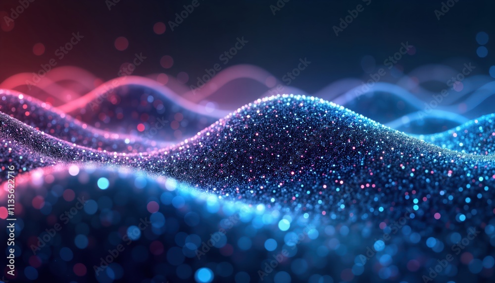 Poster dynamic abstract illustration. glowing blue, pink digital waves made of dots. futuristic style. repr