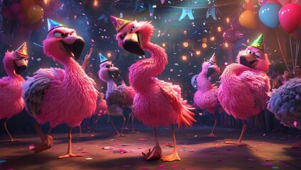 Pink flamingos dancing at a vibrant birthday party, confetti falling.