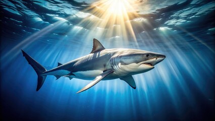 Fototapeta premium Deep Blue Shark: Oceanic Predator, Underwater Wildlife Photography, Marine Life, Shark Pictures