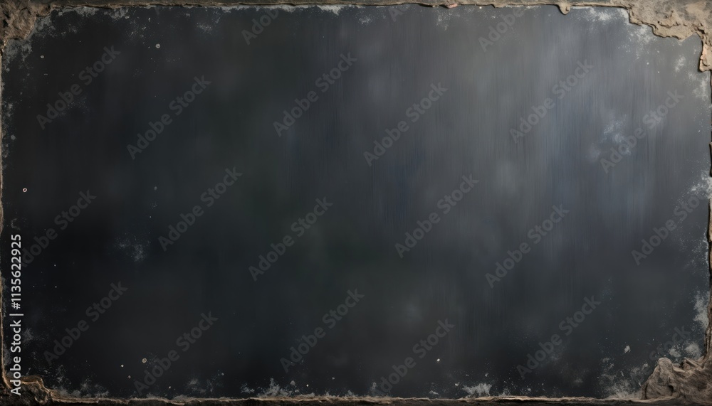Poster Dark gray grunge chalkboard texture background. Distressed edges create vintage style. Ideal for presentations. Blank space perfect for text design projects. High resolution macro lens captures