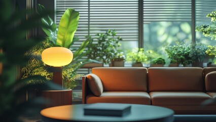 Cozy living room filled with plants and warm lighting in daylight