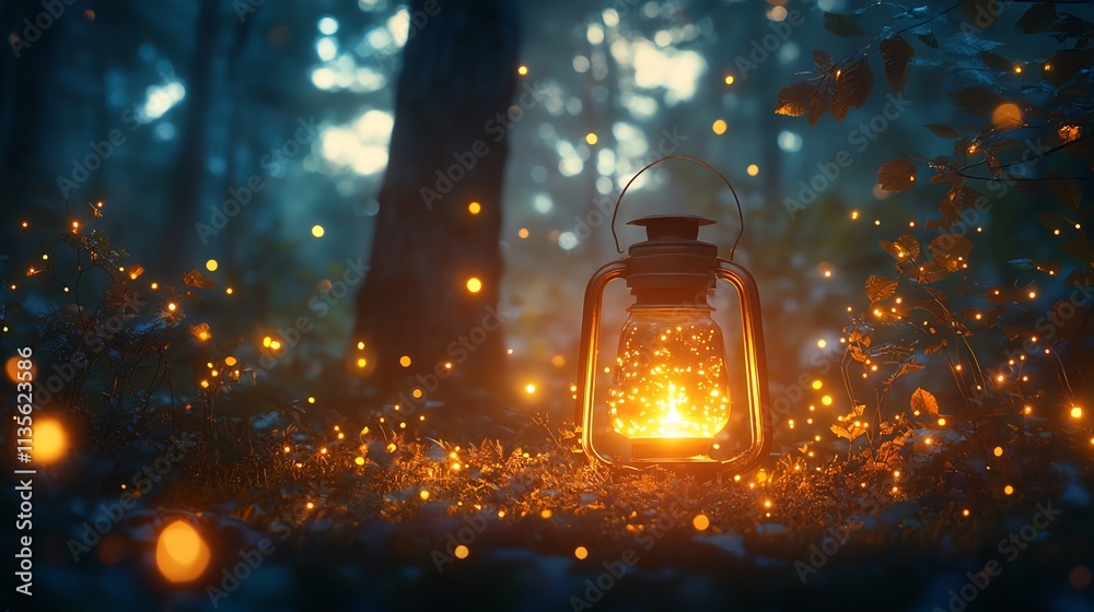 Aufkleber a glowing lantern surrounded by ethereal lights in a serene forest setting.