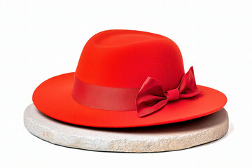 A bright red hat with a ribbon on a flat stone podium on a white background. (Generative AI)