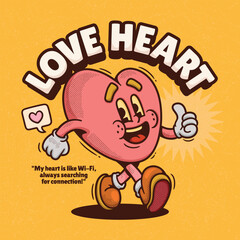 Love Heart Trendy Retro Cartoon Vector Hand Drawn