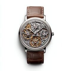 Stylish skeleton watch showcasing intricate mechanics and a leather strap.