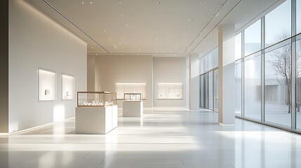 Obraz premium A minimalist illuminated glass display stand with sharp, clean lines, holding fine art sculptures in a bright gallery with natural lighting and open space, stylish and understated. --ar 16:9