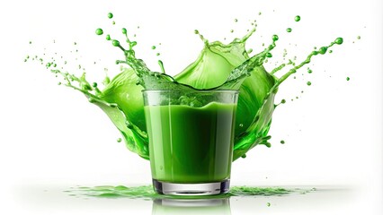 Green Juice Explosion Photography, Drone Shot, Isolated White Background, Healthy Drink Splash, Vibrant Green Smoothie, Aerial View