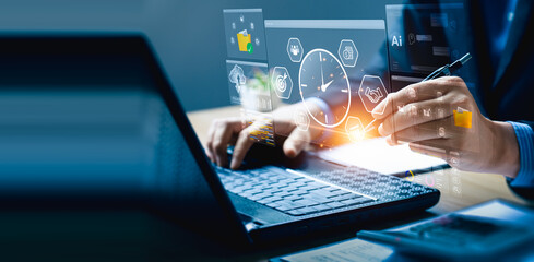 Professional Strategically Using Virtual Dashboard and Digital Pen on Laptop for Time Management,...