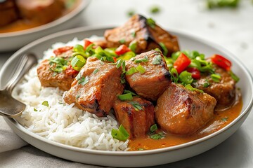 Fototapeta premium Indulge in the rich flavors of Bicol Express, a popular Filipino dish made with tender meat, served over fluffy rice, and garnished with fresh herbs and chili peppers.