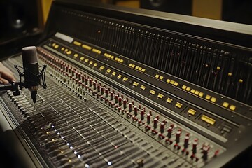 A close-up of a professional audio mixing console with a microphone for recording.