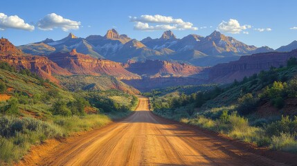 a landscape with a dirt road and mountains with arches national park in the background