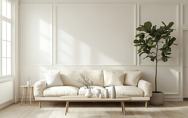 Minimalist living room with beige sofa, coffee table, and fiddle leaf fig.
