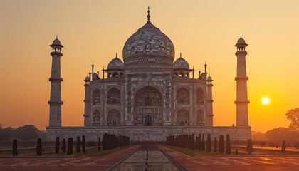 Fototapeta premium Sunrise View of the Taj Mahal and Reflecting Pool