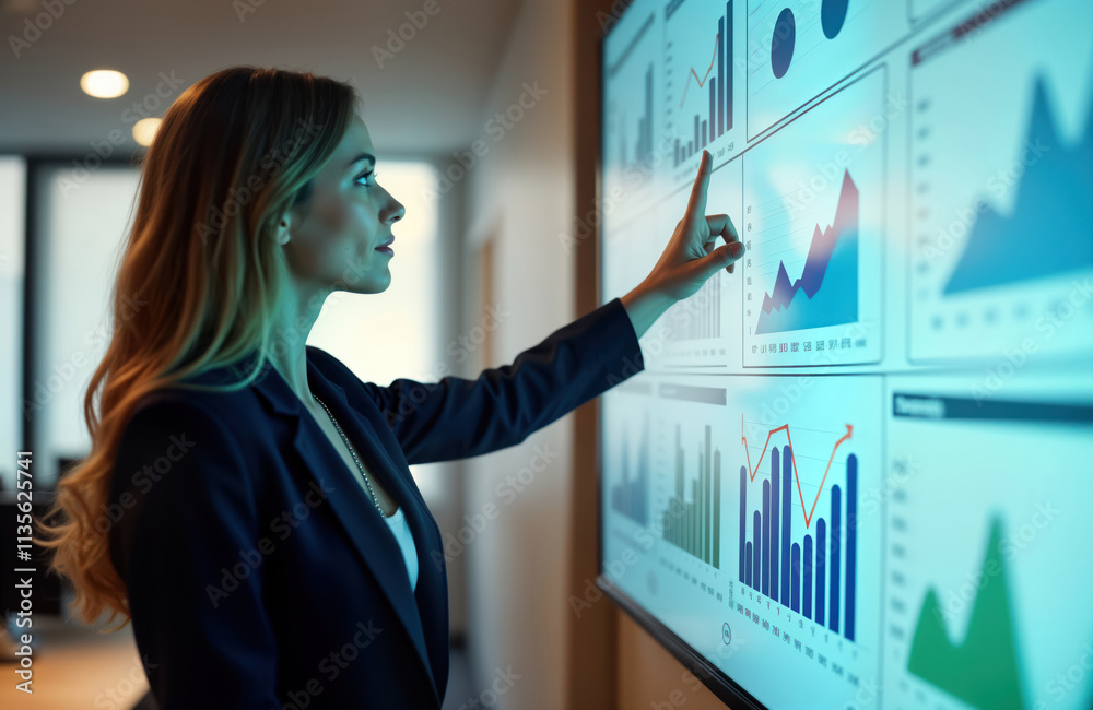 Poster Businesswoman analyses tech data on interactive screen. Expert displays trends on large monitor. Conference meeting room. Woman points at graphs on digital display. Insightful presentation.