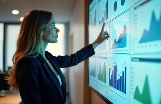 Businesswoman analyses tech data on interactive screen. Expert displays trends on large monitor. Conference meeting room. Woman points at graphs on digital display. Insightful presentation.