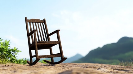 A rustic rocking chair sits peacefully against a serene mountain backdrop.