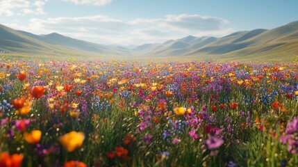 Fototapeta premium Vibrant wildflowers bloom in a vast mountain valley under a sunny sky.