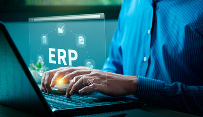 Businessman Using ERP Software System on Virtual Interface, Integrating Business Processes and Data Management Solutions for Efficient Workflow, ERP data icon to analyze marketing technology