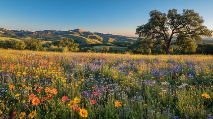 Fototapeta premium Vibrant wildflowers bloom in a sun-drenched meadow, rolling hills and a majestic oak tree under a clear blue sky.