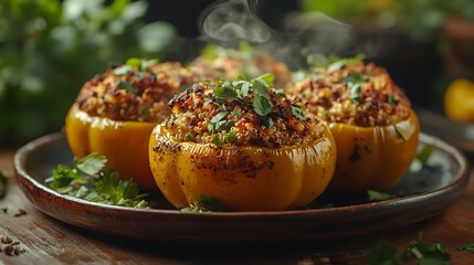 A detailed side-angle shot of stuffed bell peppers, with turkey and quinoa filling, placed on a rustic ceramic plate, steam visible for warmth, surrounded by fresh herbs and spices,