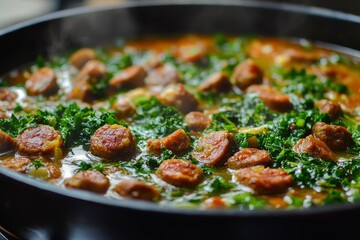 This delicious Caldo Verde dish features kale and sausage simmered together in a savory broth. Perfect for warming up on a cold day, it embodies traditional flavors and comfort food.