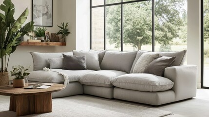 Obraz premium Modern Living Room Interior Design with Luxurious Sectional Sofa and Large Windows