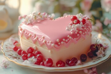 Naklejka premium A beautifully decorated heart-shaped cake features pink hearts on top, perfect for celebrating Valentine's Day with love and sweetness. Floral accents enhance its charm.