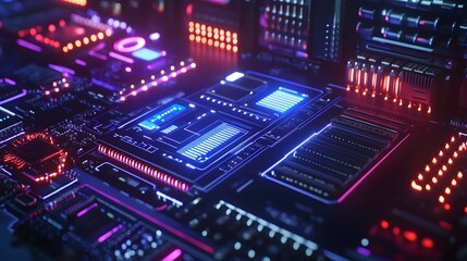 Obraz premium A close-up view of a futuristic circuit board with vibrant neon lights and intricate designs.