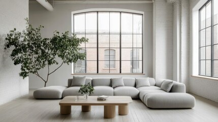 Modern Minimalist Living Room Interior Design with Modular Sofa and Large Windows