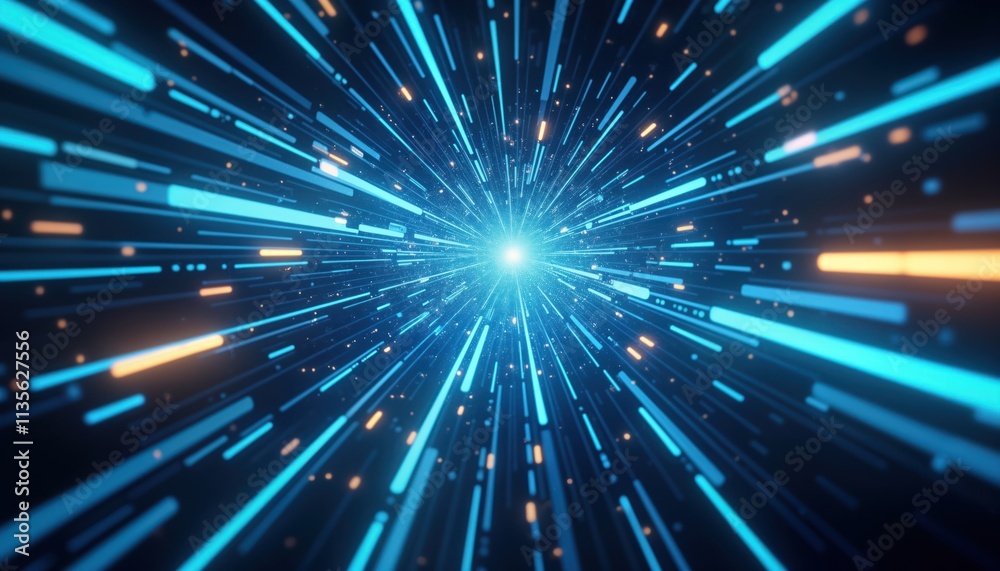 Poster Dynamic futuristic abstract tech background shows glowing blue, orange light lines in motion. Fast data transfer concept. High-tech innovation. Modern design. Virtual city at night. Cyber space.