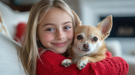 Caucasian girl playing with chihuahua dog pet in living room, wearing knitted sweater