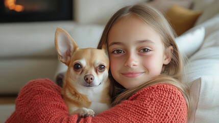 Germany girl playing with chihuahua dog pet in living room, wearing knitted sweater