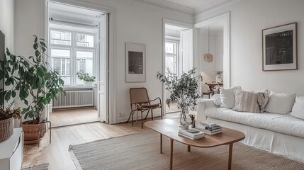 Scandinavian Style Living Room Interior Design: Minimalist White Sofa, Wooden Coffee Table, and Natural Light