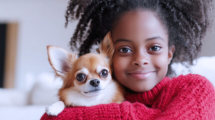 African girl playing with chihuahua dog pet in living room, wearing knitted sweater