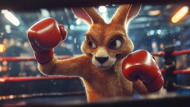 Angry boxing kangaroo in a ring.