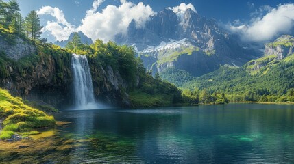 a mountain with a waterfall and a lake