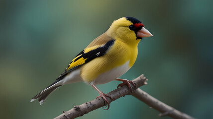 Fototapeta premium Stunning Closeup of a European Goldfinch Perched on a Branch, Vibrant Yellow and Black Plumage Against a Soft Green Background