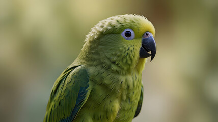 Naklejka premium Close-Up Portrait of a Vibrant Green Parrot, Detailed Feathers, Captivating Gaze, Vivid Colors, Exotic Bird Photography