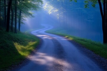 Obraz premium Serene Curved Road Through Misty Forest