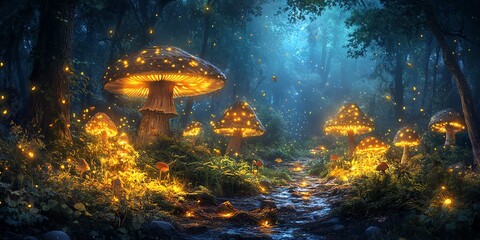 A magical forest scene with glowing mushrooms and fireflies illuminating a serene path.