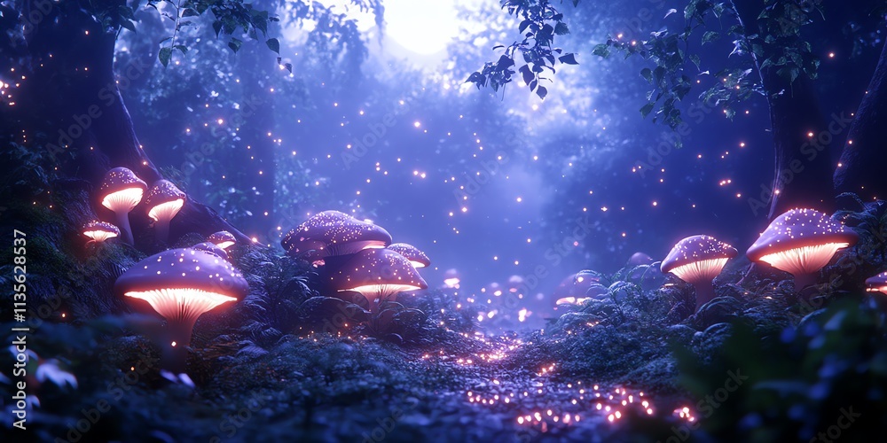Poster a mystical forest scene with glowing mushrooms and ethereal light.