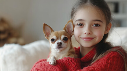 Canadian girl playing with chihuahua dog pet in living room, wearing knitted sweater